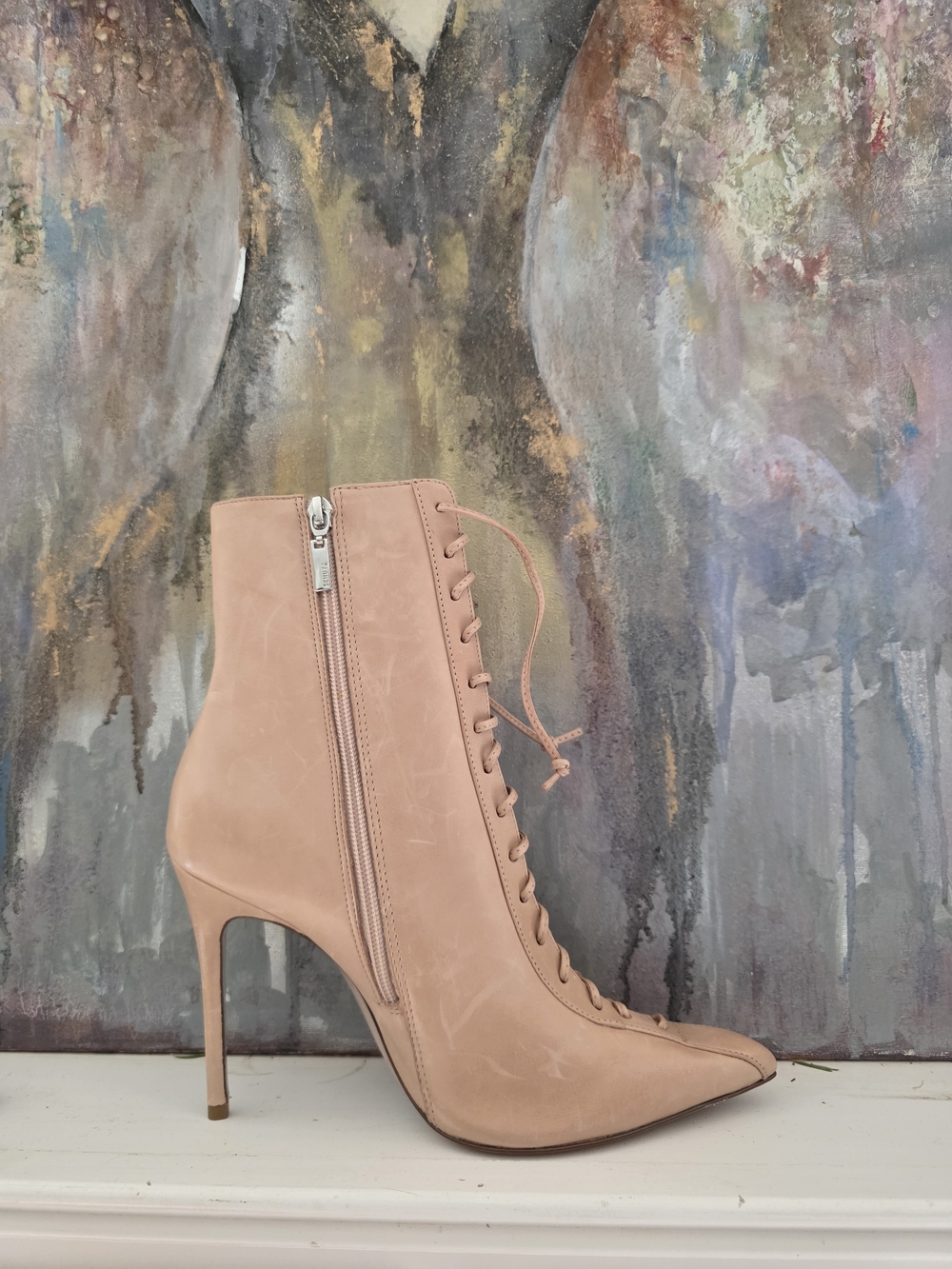 SCHUTZ Tan Blush Lace-Up Pointed Stiletto Ankle Boots Size 9